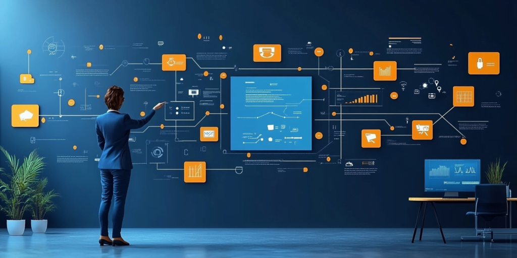 An insurance agent guiding a team through a flowchart of best practices for implementing automation, with icons representing CRM integration, automated follow-ups, and policy tracking in a modern office setting.