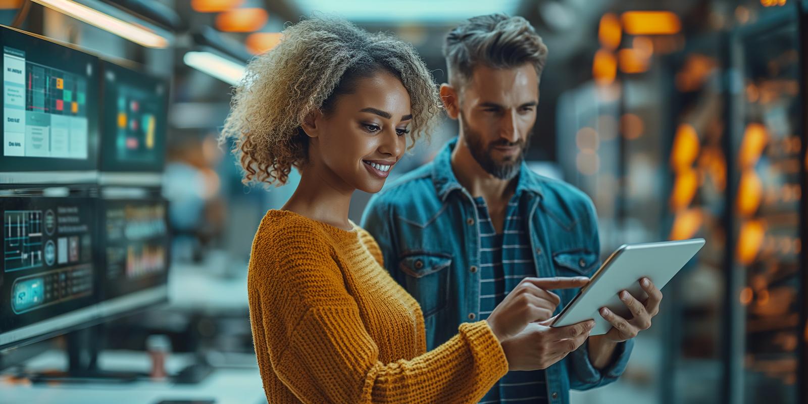 A happy insurance client in a yellow sweater and an insurance agent in a denim jacket looking at a tablet in a modern office with multiple screens showing data and graphics in the background.