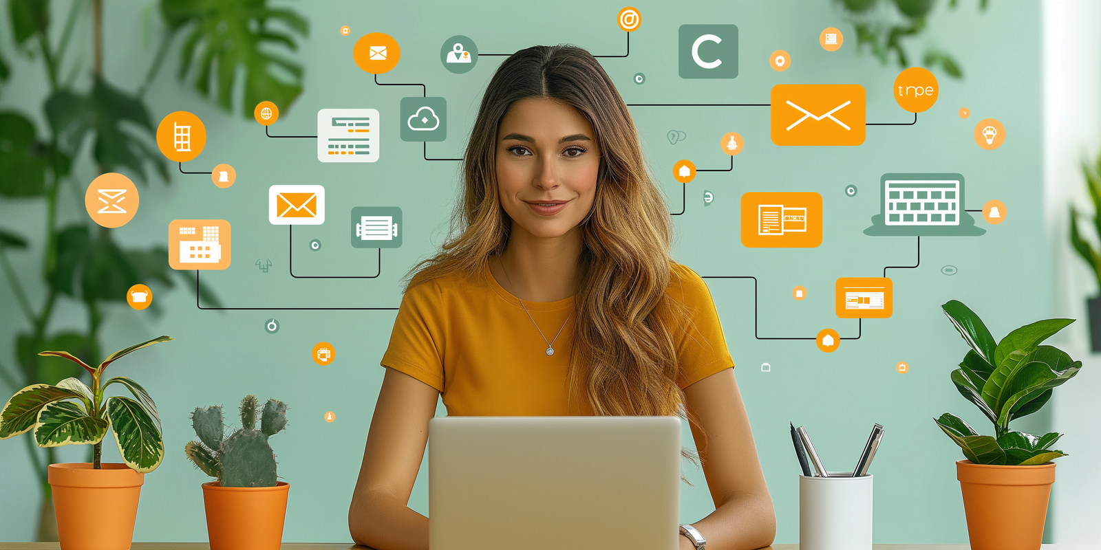 An insurance agent in a yellow shirt sits at a desk with a laptop, surrounded by potted plants and interconnected digital icons representing business applications and communication tools, symbolizing a networked and efficient work environment.