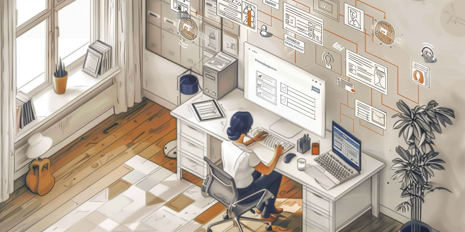 An illustration of an insurance agent working at a desk in a bright office with large windows. The agent is typing on a keyboard, surrounded by charts and documents pinned on the wall, showcasing a well-organized and focused work environment.