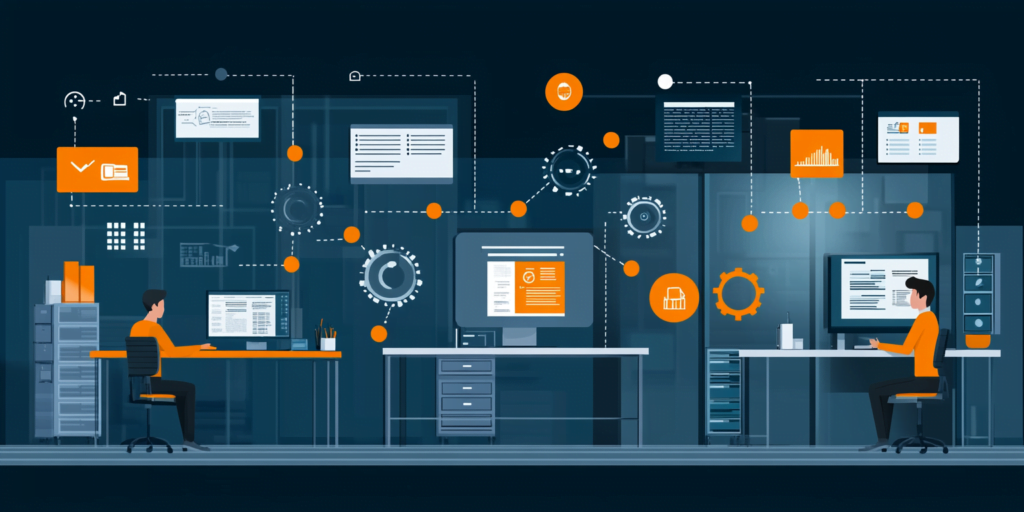 Visual representation of an insurance office highlighting key areas impacted by automation, including lead management, client onboarding, document management, follow-ups, policy tracking, claims processing, and client communication.